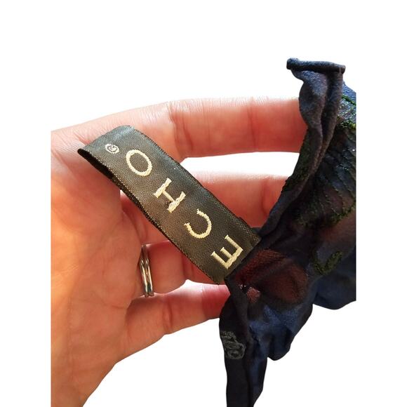 Vintage Y2K ECHO Womens 100% Silk Scarf Dark Blue Embroidered - Picture 3 of 5